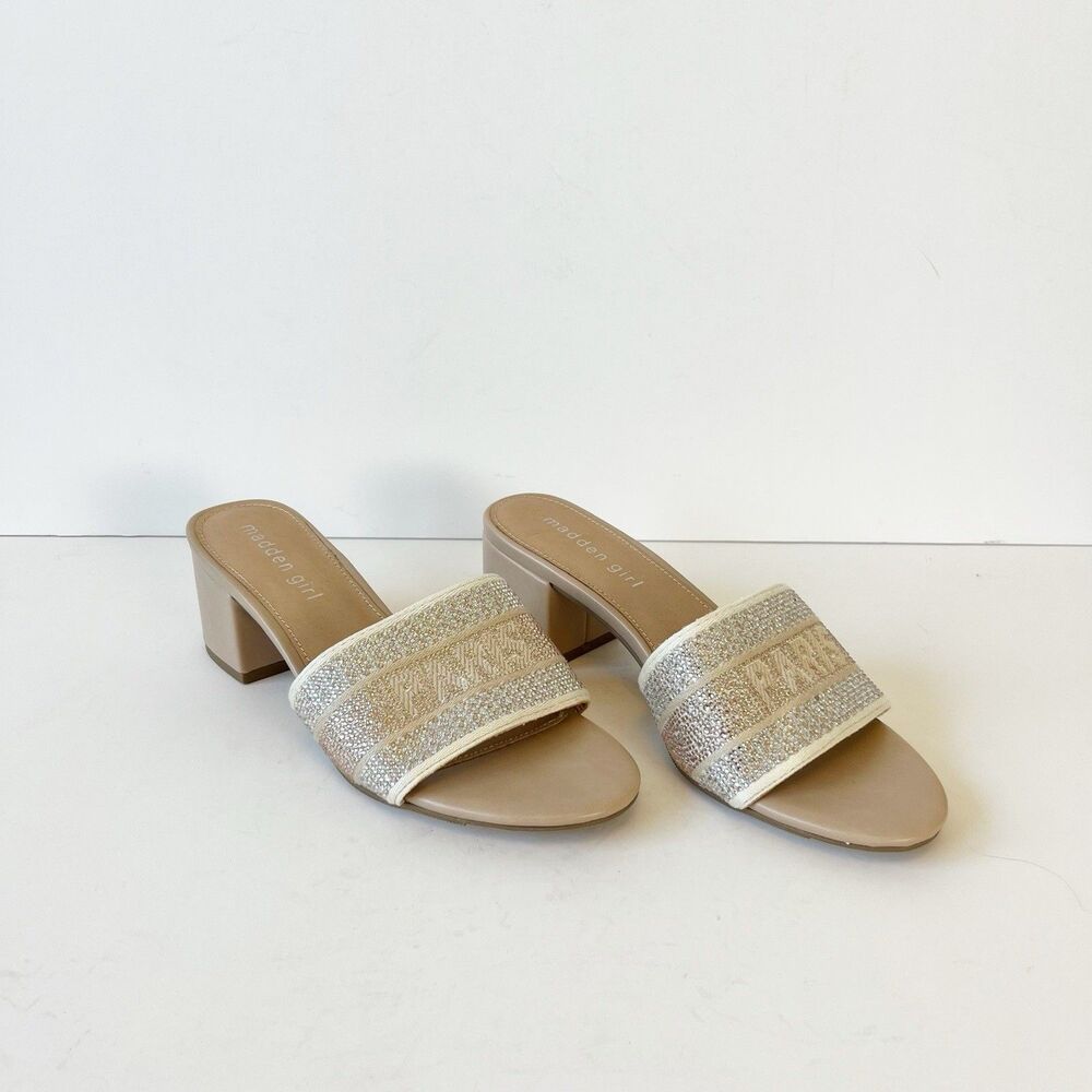 Madden Girl Islandd Heeled Slide Sandal Paris Embellished Nude Block Heel Size 7